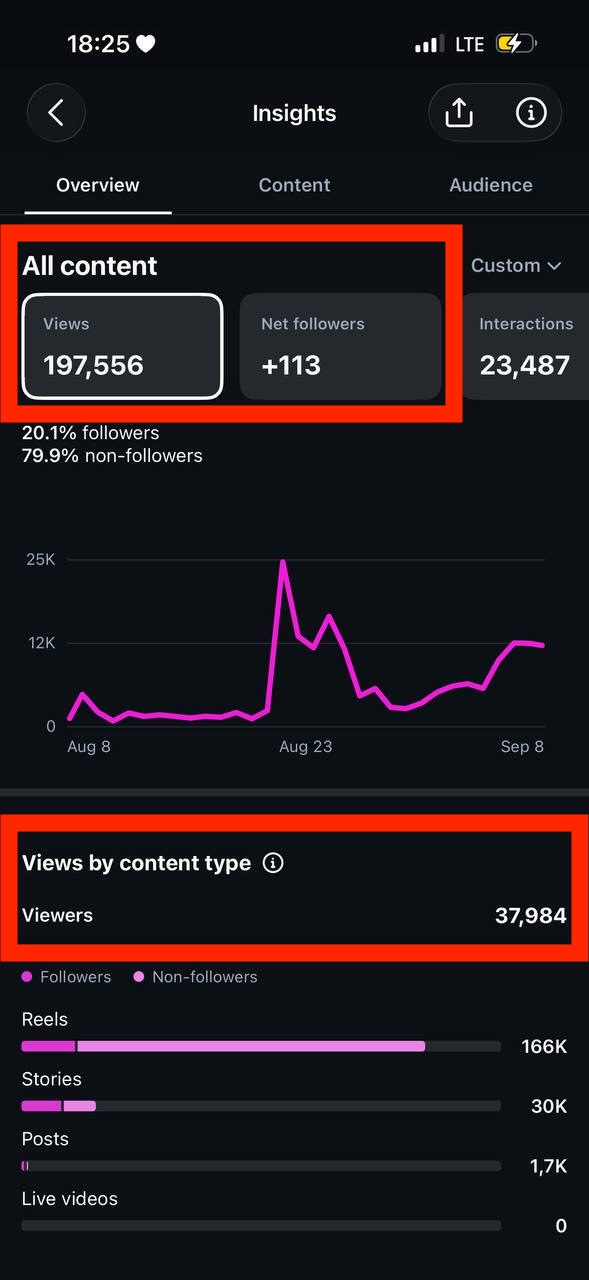Kate's Instagram insights for the month before Scale Post: 197,556 views